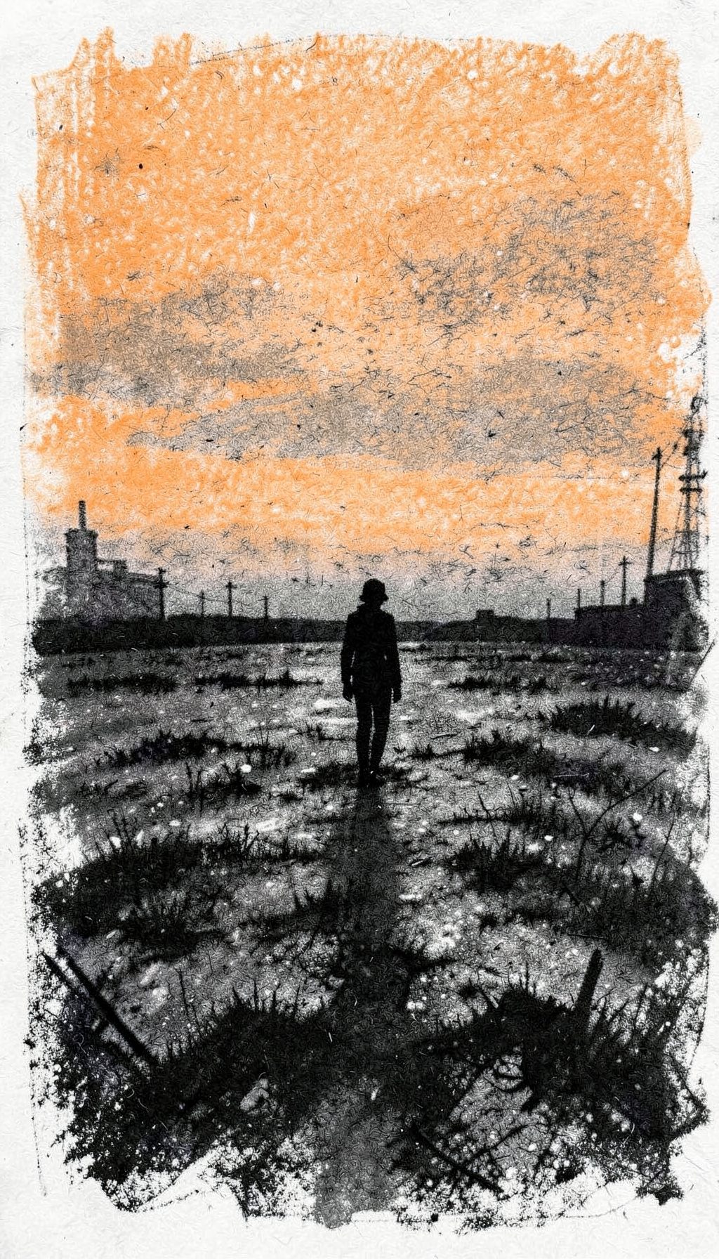 Paisagem pós-apocalíptica desenhada em carvão com tons de cinza, céu alaranjado distante e uma silhueta solitária diante de um horizonte vasto.