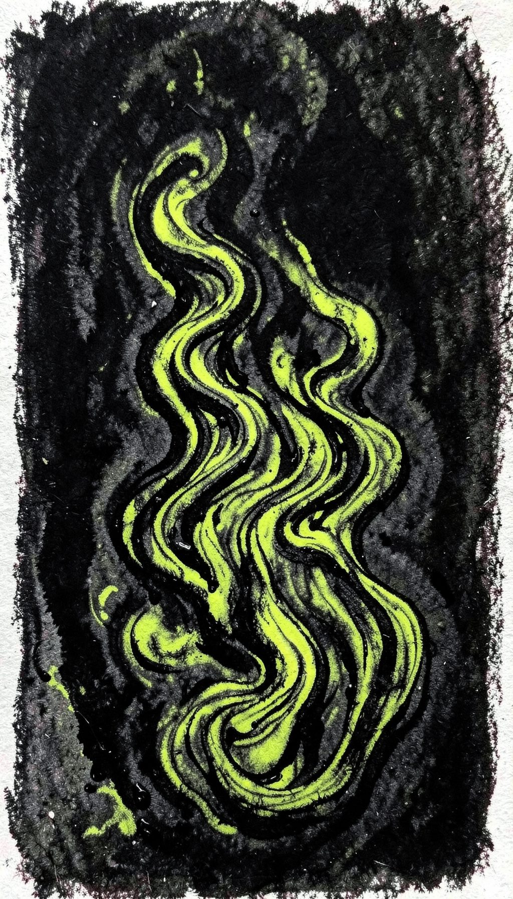 Formas orgânicas em preto e verde-limão ondulando como simbiose viscosa contra um fundo escuro, com traços expressivos e textura líquida.