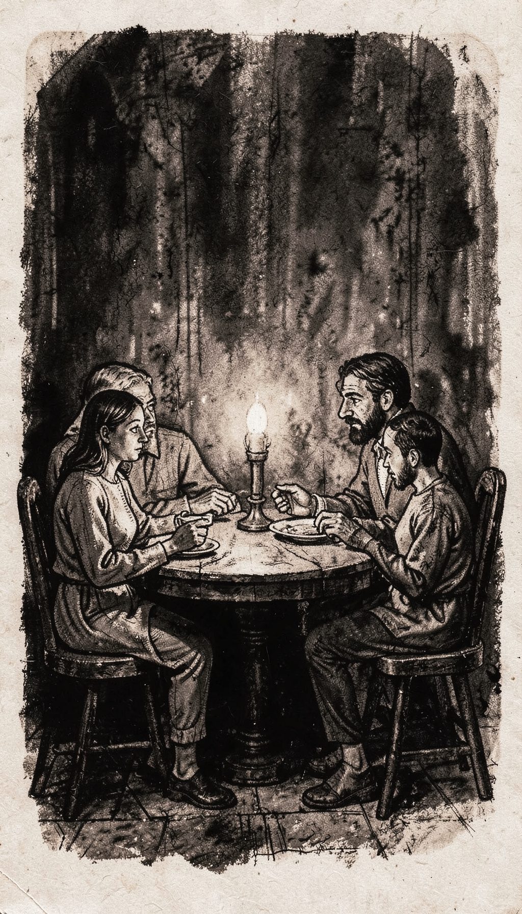 Cena doméstica em tons sépia com figuras estilizadas reunidas em torno de uma mesa iluminada, transmitindo tensão silenciosa e intimidade.