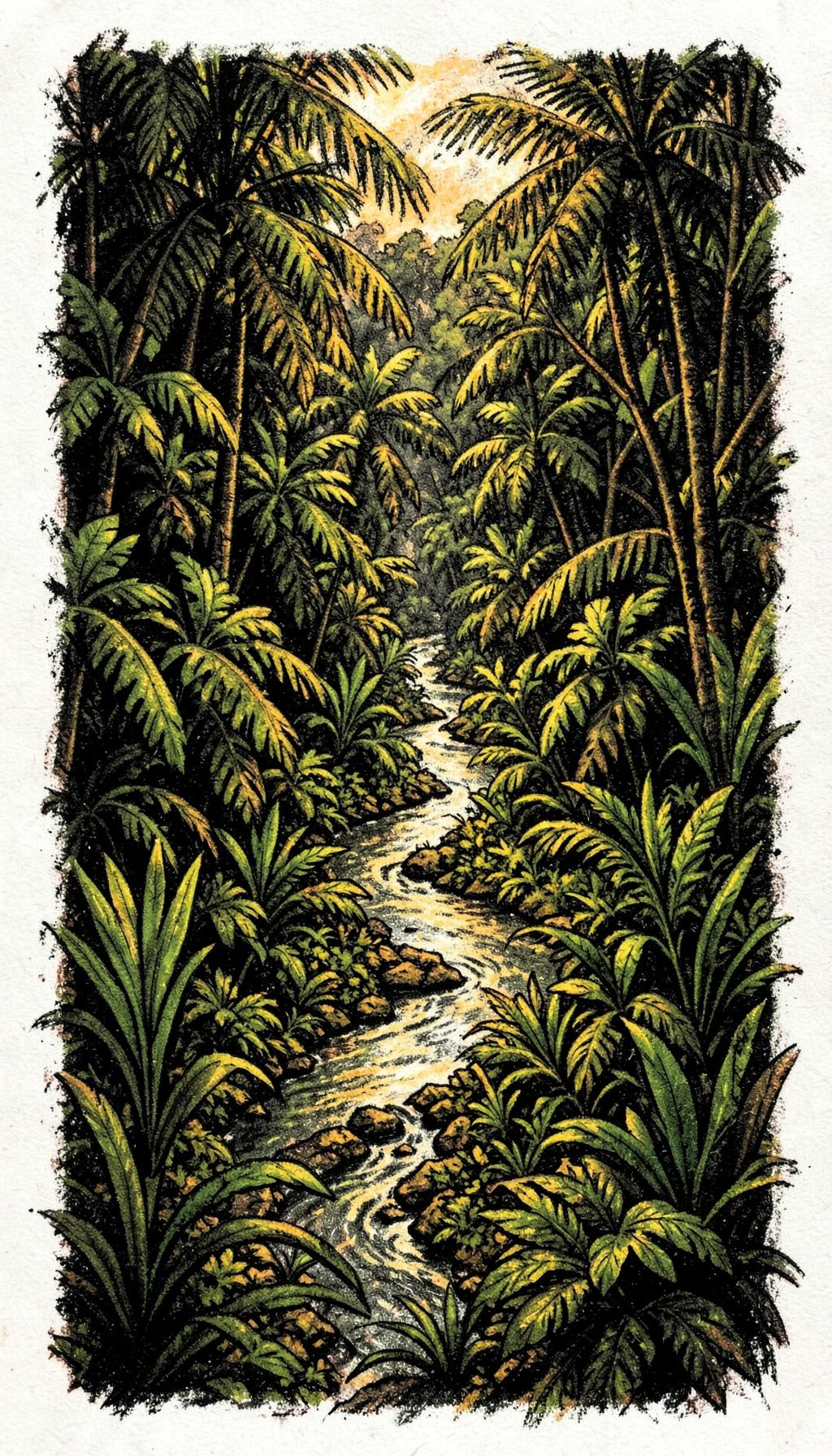 Vegetação tropical densa em tons de verde escuro e dourado com um rio serpenteando, ilustrada em estilo de desenho a carvão com toques de luz quente.